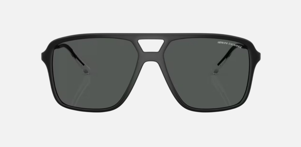 Armani Exchange AX4150SU 805887 pilot sunglasses for men in full rim plastic, with matte black frame, and dark grey lenses. 59mm in lens size, 15mm in bridge size, and 139mm in temple length.