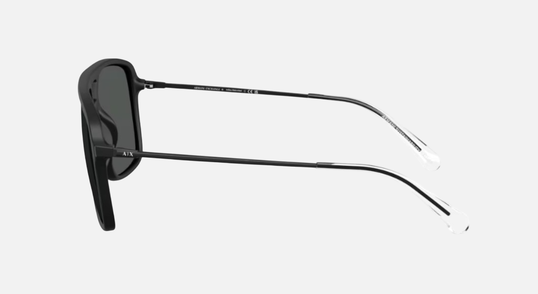 Armani Exchange AX4150SU 805887 pilot sunglasses for men in full rim plastic, with matte black frame, and dark grey lenses. 59mm in lens size, 15mm in bridge size, and 139mm in temple length.