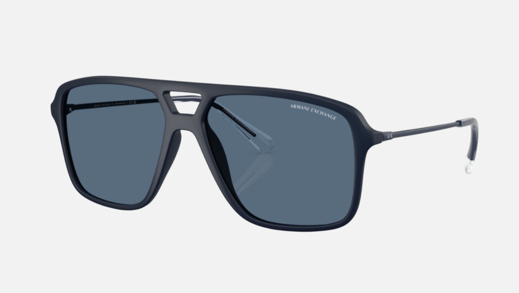 Armani Exchange AX4150SU 818180 pilot sunglasses for men in full rim plastic, with matte dark blue frame, and dark blue lenses. 59mm in lens size, 15mm in bridge size, and 139mm in temple length.