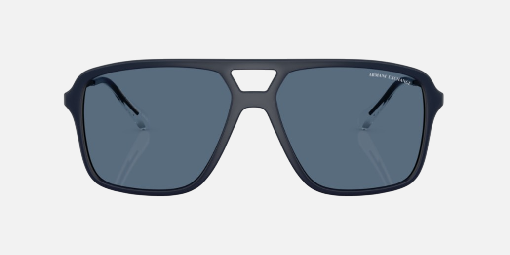 Armani Exchange AX4150SU 818180 pilot sunglasses for men in full rim plastic, with matte dark blue frame, and dark blue lenses. 59mm in lens size, 15mm in bridge size, and 139mm in temple length.