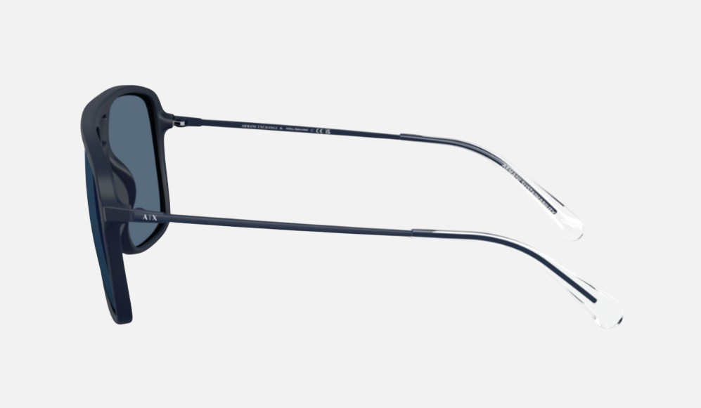Armani Exchange AX4150SU 818180 pilot sunglasses for men in full rim plastic, with matte dark blue frame, and dark blue lenses. 59mm in lens size, 15mm in bridge size, and 139mm in temple length.