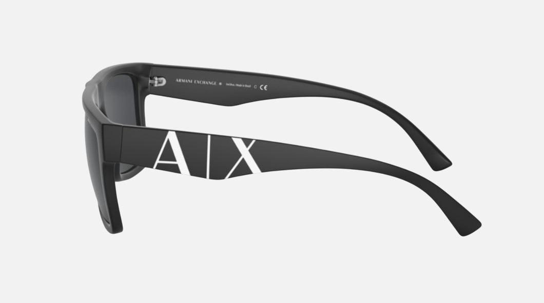 Armani Exchange AX4113S 807887 rectangular sunglasses for men in full rim plastic, with matte black frame, and dark grey lenses. 55mm in lens size, 18mm in bridge size, and 145mm in temple length.