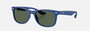Ray-Ban Junior New Wayfarer Kids RJ9052S 717771 square sunglasses for kids in full rim injected, with blue frame, and green lenses. 47mm in lens size, 15mm in bridge size, and 125mm in temple length.