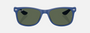 Ray-Ban Junior New Wayfarer Kids RJ9052S 717771 square sunglasses for kids in full rim injected, with blue frame, and green lenses. 47mm in lens size, 15mm in bridge size, and 125mm in temple length.