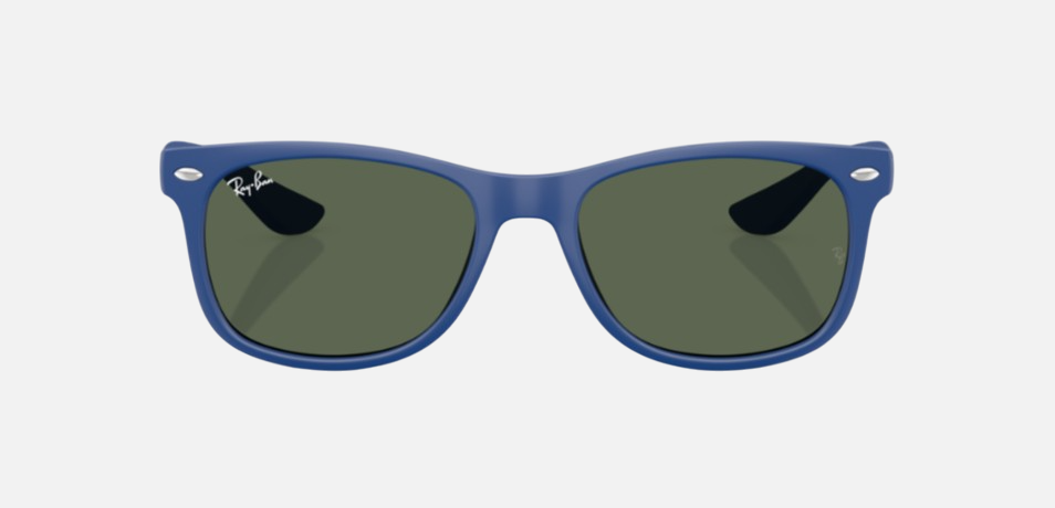 Ray-Ban Junior New Wayfarer Kids RJ9052S 717771 square sunglasses for kids in full rim injected, with blue frame, and green lenses. 47mm in lens size, 15mm in bridge size, and 125mm in temple length.