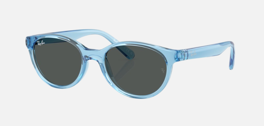 Ray-Ban Junior RJ9080S Kids Bio-Based 716887 square sunglasses for kids in full rim injected, with polished transparent blue frame, and dark grey lenses. 45mm in lens size, 16mm in bridge size, and 125mm in temple length.