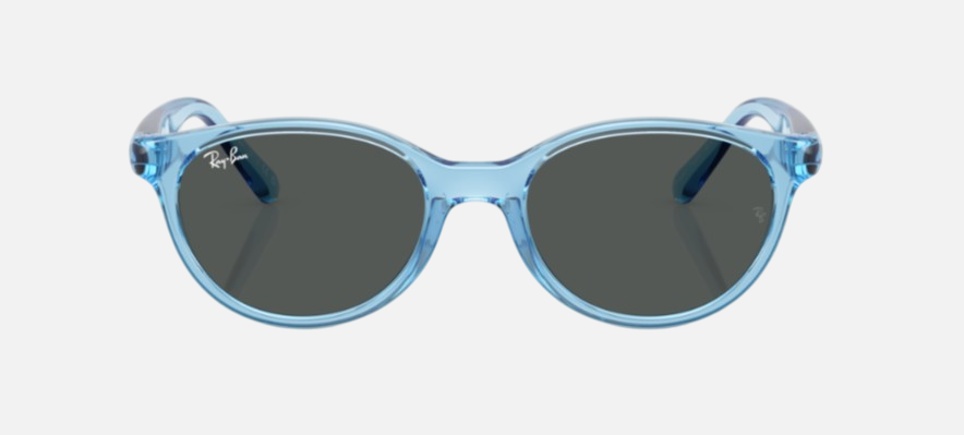 Ray-Ban Junior RJ9080S Kids Bio-Based 716887 square sunglasses for kids in full rim injected, with polished transparent blue frame, and dark grey lenses. 45mm in lens size, 16mm in bridge size, and 125mm in temple length.