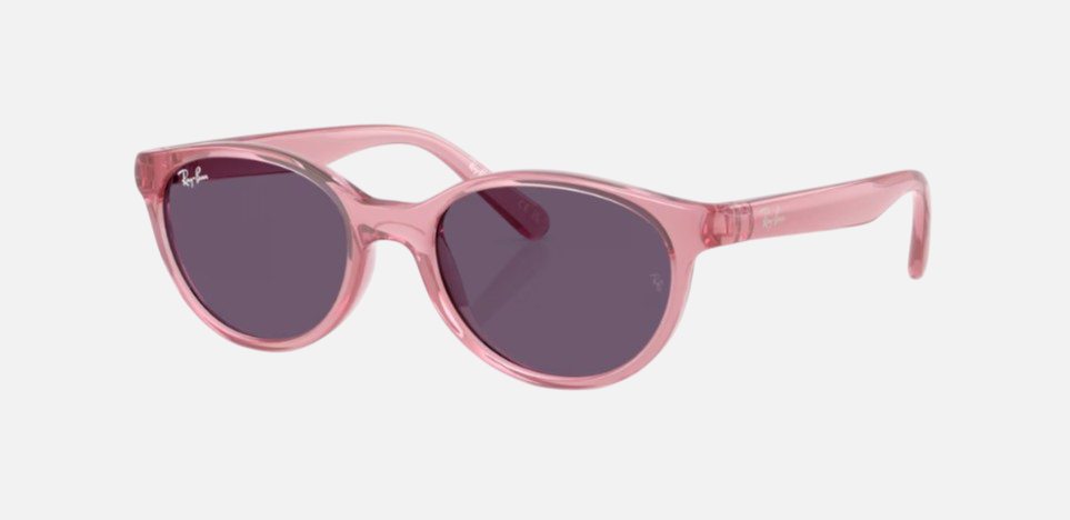 Ray-Ban Junior RJ9080S Kids Bio-Based 71691A square sunglasses for kids in full rim injected, with polished transparent pink frame, and violet lenses. 45mm in lens size, 16mm in bridge size, and 125mm in temple length.