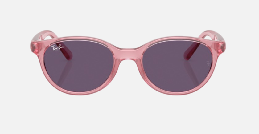 Ray-Ban Junior RJ9080S Kids Bio-Based 71691A square sunglasses for kids in full rim injected, with polished transparent pink frame, and violet lenses. 45mm in lens size, 16mm in bridge size, and 125mm in temple length.