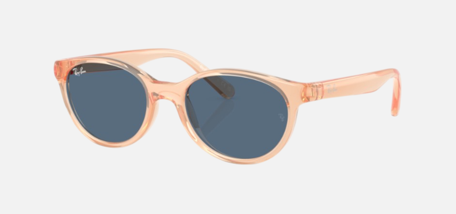 Ray-Ban Junior RJ9080S Kids Bio-Based 717080 square sunglasses for kids in full rim injected, with polished transparent orange frame, and dark blue lenses. 45mm in lens size, 16mm in bridge size, and 125mm in temple length.