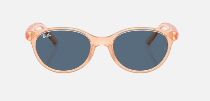 Ray-Ban Junior RJ9080S Kids Bio-Based 717080 square sunglasses for kids in full rim injected, with polished transparent orange frame, and dark blue lenses. 45mm in lens size, 16mm in bridge size, and 125mm in temple length.