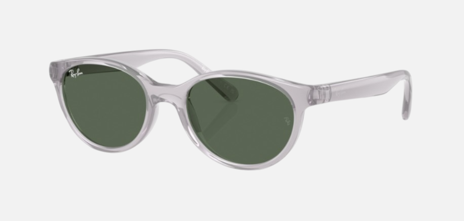 Ray-Ban Junior RJ9080S Kids Bio-Based 717171 square sunglasses for kids in full rim injected, with polished transparent grey frame, and green lenses. 45mm in lens size, 16mm in bridge size, and 125mm in temple length.