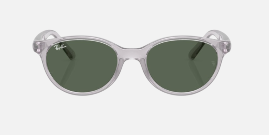 Ray-Ban Junior RJ9080S Kids Bio-Based 717171 square sunglasses for kids in full rim injected, with polished transparent grey frame, and green lenses. 45mm in lens size, 16mm in bridge size, and 125mm in temple length.