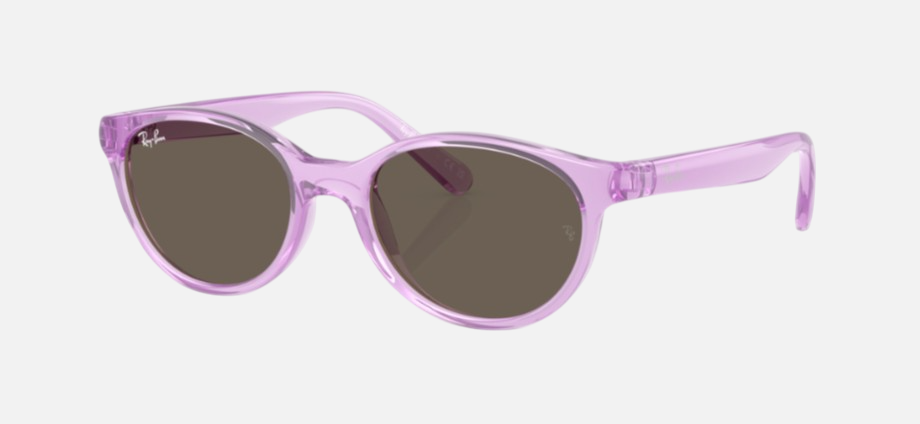 Ray-Ban Junior RJ9080S Kids Bio-Based 7172/3 square sunglasses for kids in full rim injected, with polished transparent violet frame, and brown lenses. 45mm in lens size, 16mm in bridge size, and 125mm in temple length.