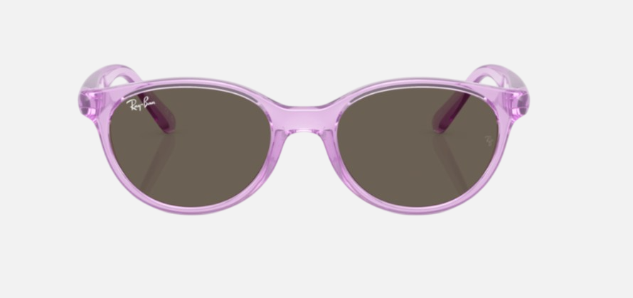 Ray-Ban Junior RJ9080S Kids Bio-Based 7172/3 square sunglasses for kids in full rim injected, with polished transparent violet frame, and brown lenses. 45mm in lens size, 16mm in bridge size, and 125mm in temple length.