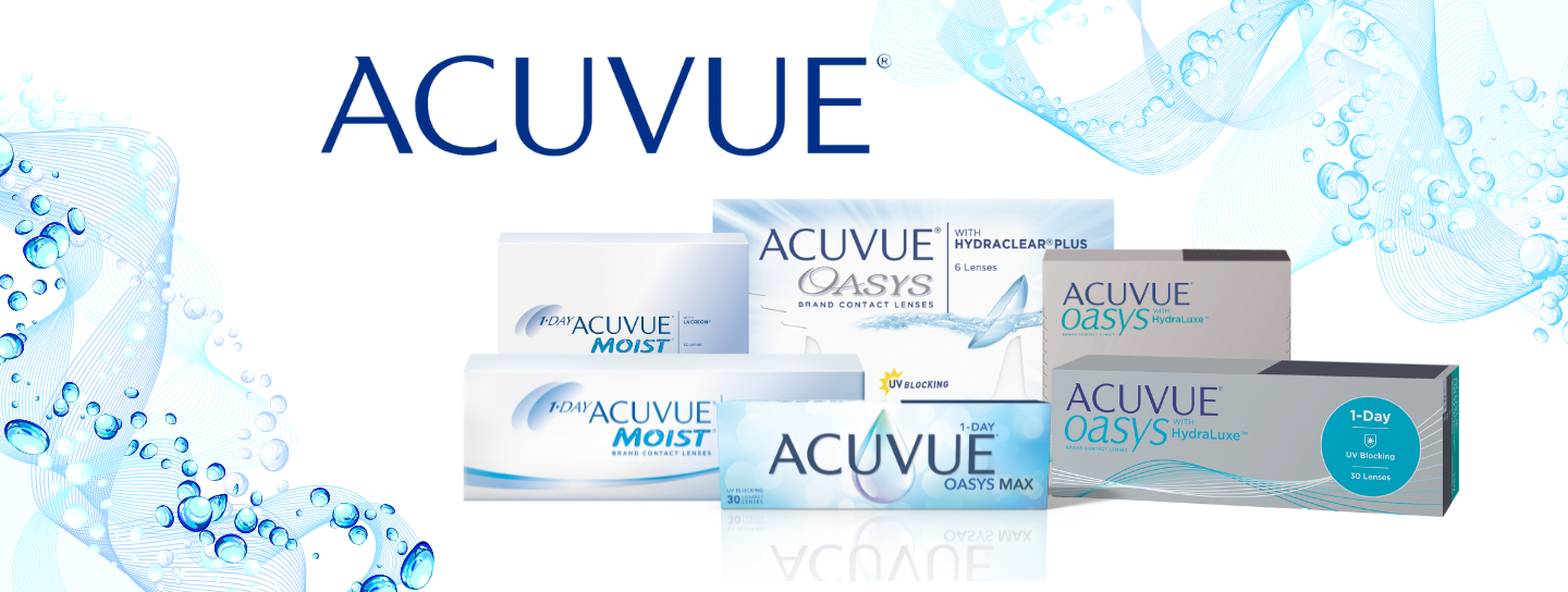 Collection of Acuvue contact lens packaging with water droplets background