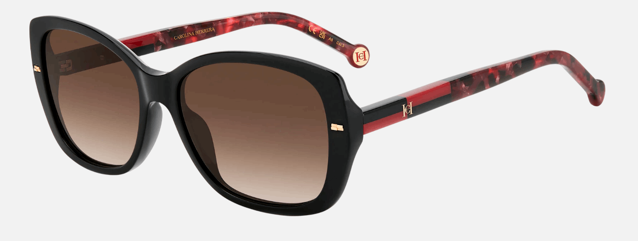 Carolina Herrera HER 0176/G/S OIT/HA  women's full rim cat eye sunglasses in black red frame and brown gradient lenses, with 56mm lens size, 16mm bridge size, and 140mm temple size. Available in Dubai, UAE.