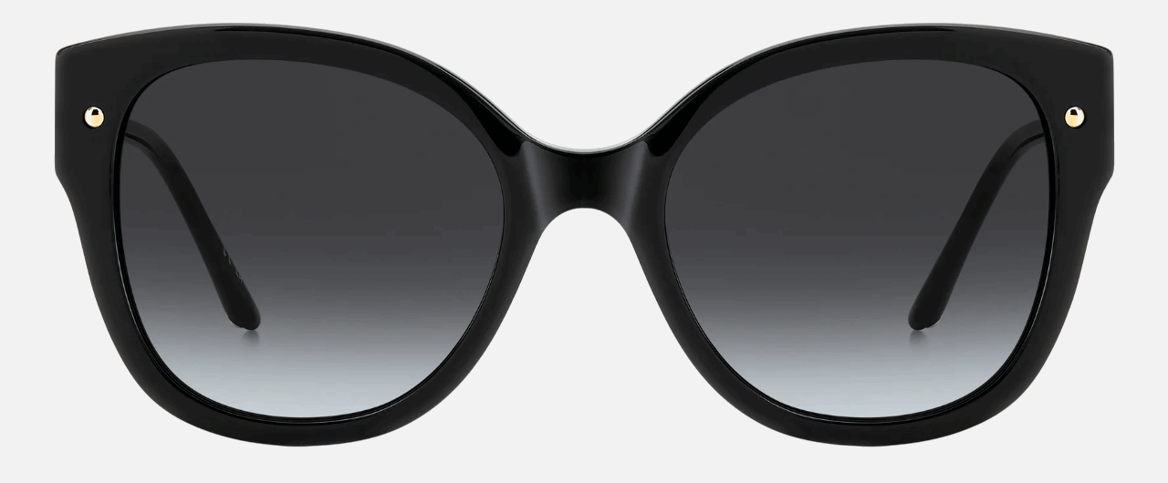 Carolina Herrera HER 0318/S 807/9O  women's full rim square sunglasses in black frame and dark grey gradient lenses, with 55mm lens size, 21mm bridge size, and 140mm temple size. Available in Dubai, UAE.