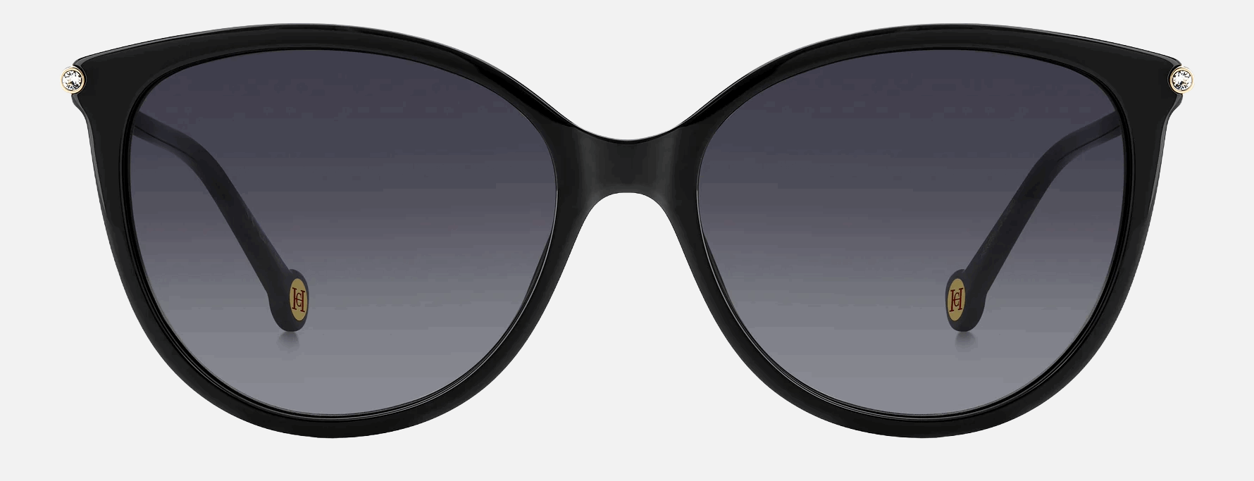 Carolina Herrera HER 0189/G/S 2M2/9O  women's full rim phantos sunglasses in black gold frame and dark grey gradient lenses, with 57mm lens size, 17mm bridge size, and 145mm temple size. Available in Dubai, UAE.