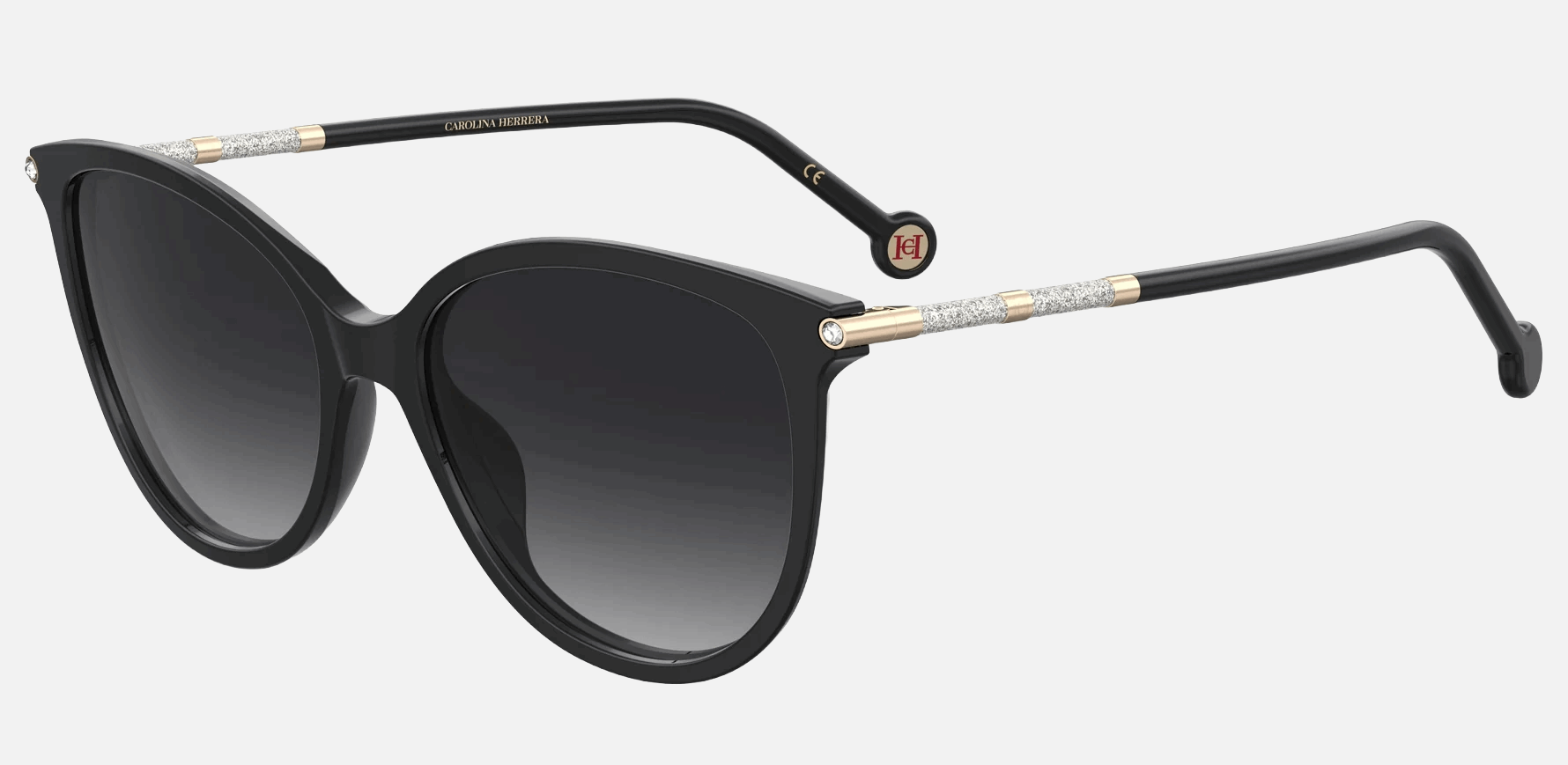 Carolina Herrera HER 0189/G/S 2M2/9O  women's full rim phantos sunglasses in black gold frame and dark grey gradient lenses, with 57mm lens size, 17mm bridge size, and 145mm temple size. Available in Dubai, UAE.