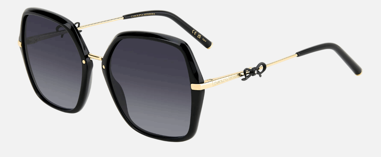 Carolina Herrera HER 0217/S 2M2/9O  women's full rim square sunglasses in black gold frame and dark grey gradient lenses, with 57mm lens size, 19mm bridge size, and 145mm temple size. Available in Dubai, UAE.