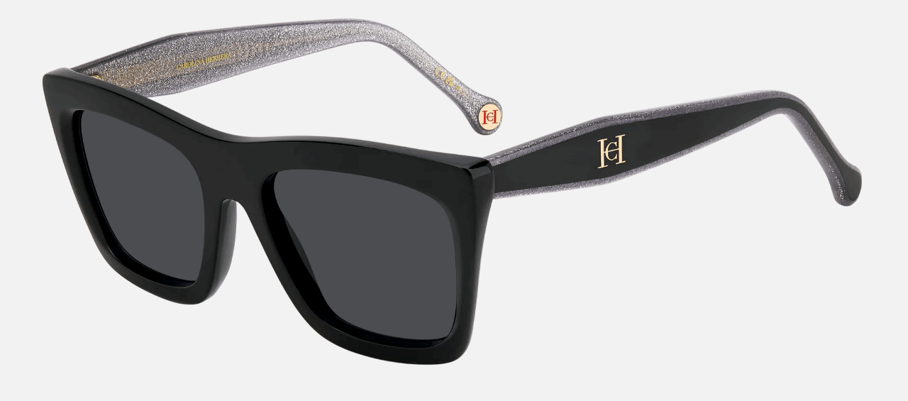 Carolina Herrera HER 0226/S BSC/IR  women's full rim square sunglasses in black silver frame and grey lenses, with 53mm lens size, 19mm bridge size, and 145mm temple size. Available in Dubai, UAE.