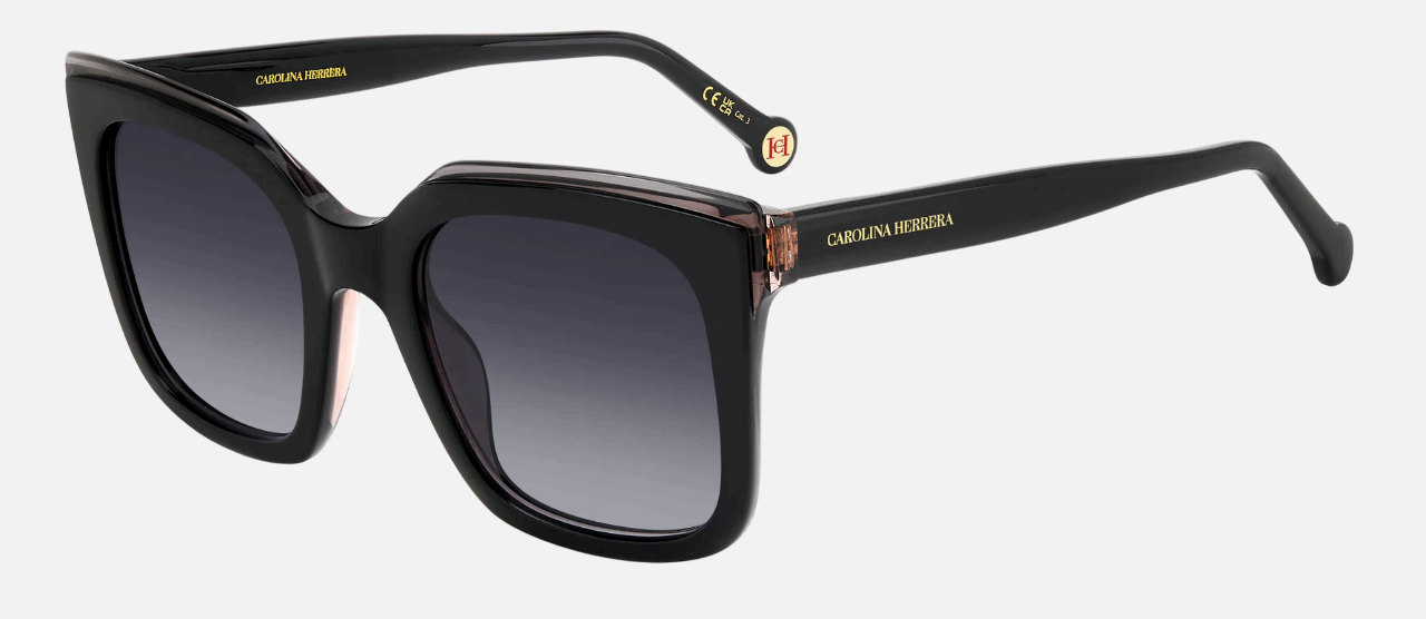Carolina Herrera HER 0249/G/S 807/9O  women's full rim square sunglasses in black frame and dark grey gradient lenses, with 51mm lens size, 22mm bridge size, and 145mm temple size. Available in Dubai, UAE.