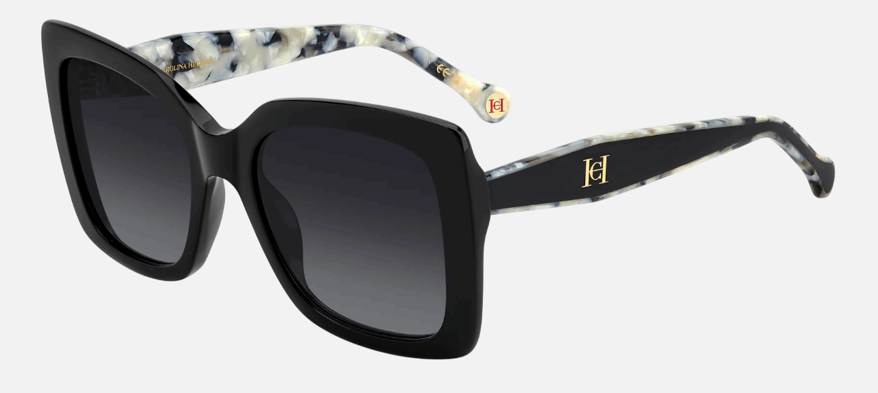 Carolina Herrera HER 0258/G/S 807/9O  women's full rim square sunglasses in black frame and dark grey gradient lenses, with 54mm lens size, 20mm bridge size, and 140mm temple size. Available in Dubai, UAE.