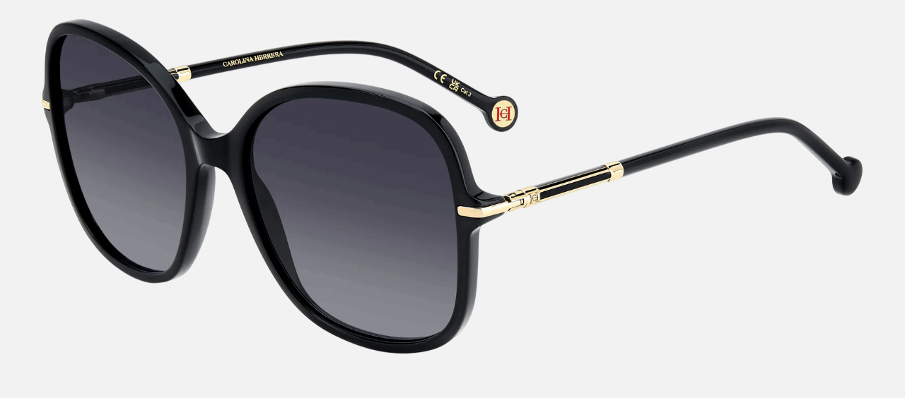 Carolina Herrera HER 0269/S 807/9O  women's full rim square sunglasses in black frame and grey gradient lenses, with 58mm lens size, 18mm bridge size, and 135mm temple size. Available in Dubai, UAE.