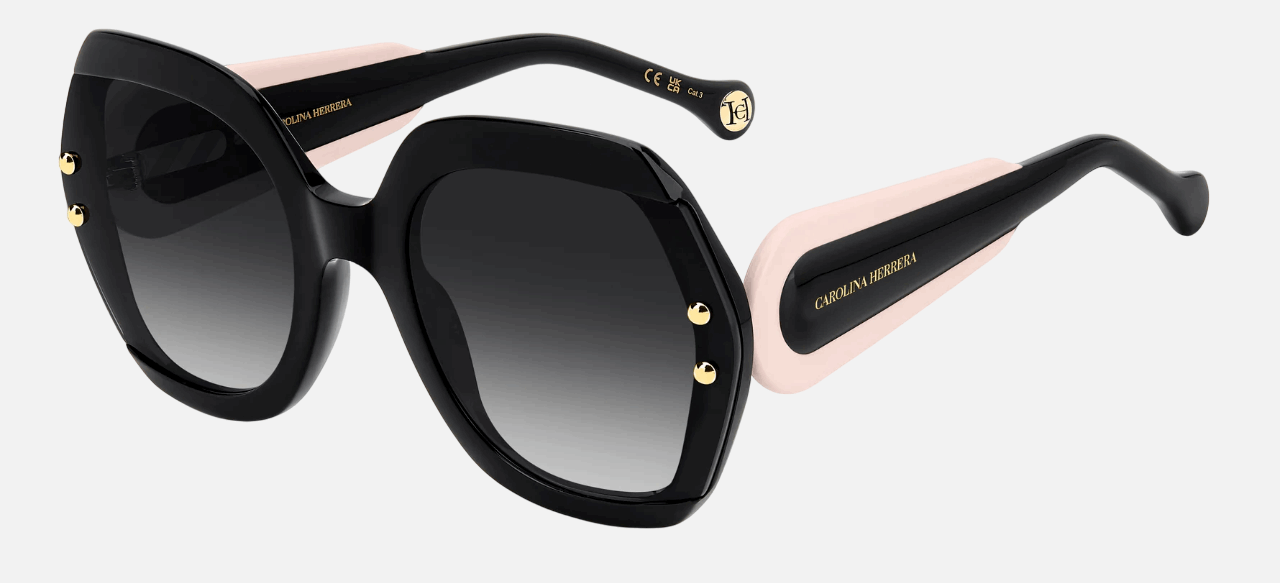 Carolina Herrera HER 0314/G/S 3H2/9O  women's full rim square sunglasses in black pink frame and dark grey gradient lenses, with 61mm lens size, 24mm bridge size, and 145mm temple size. Available in Dubai, UAE.