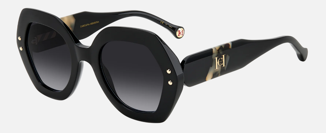 Carolina Herrera HER 0126/S WR7/9O women's full rim irregular sunglasses in a black acetate frame with dark grey gradient lenses. Features a 52 mm lens size, 24 mm bridge size, and 145 mm temple length. Available in Dubai, UAE.