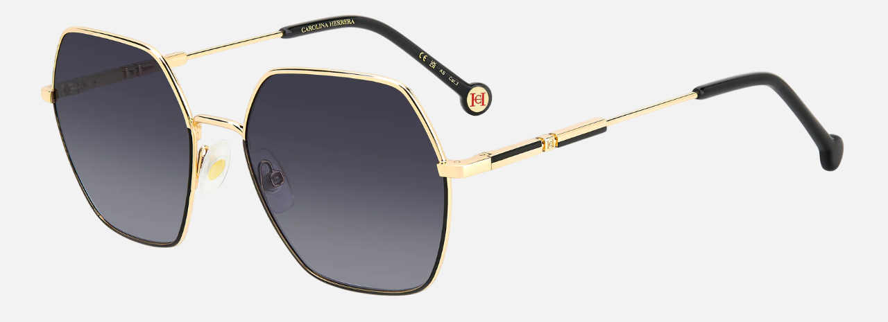 Carolina Herrera HER 0183/S RHL/9O women's full rim irregular sunglasses in a gold black metal frame with dark grey gradient lenses. Features a 55 mm lens size, 18 mm bridge size, and 145 mm temple length. Available in Dubai, UAE.