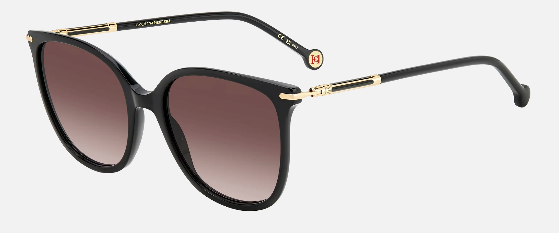 Carolina Herrera HER 0229/S 807/HA women's full rim square sunglasses in a black acetate frame with brown gradient lenses. Features a 55 mm lens size, 19 mm bridge size, and 145 mm temple length. Available in Dubai, UAE.