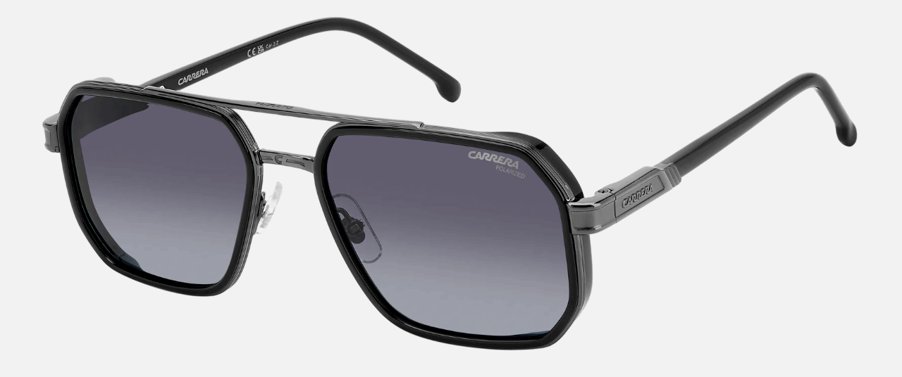 Carrera 1069/S ANS men's full rim irregular sunglasses in black dark ruthenium frame and grey gradient polarized lenses, with 58 mm lens size, 19 mm bridge size, and 145 mm temple size. Available in Dubai, UAE.