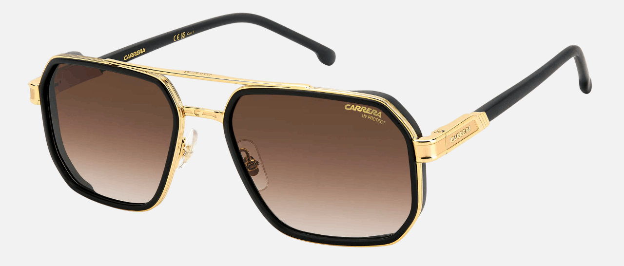 Carrera 1069/S I46 men's full rim irregular sunglasses in matte black gold frame and black brown green antireflex lenses, with 58 mm lens size, 19 mm bridge size, and 145 mm temple size. Available in Dubai, UAE.