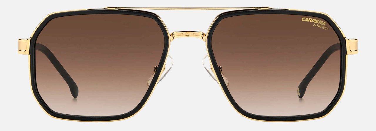 Carrera 1069/S I46 men's full rim irregular sunglasses in matte black gold frame and black brown green antireflex lenses, with 58 mm lens size, 19 mm bridge size, and 145 mm temple size. Available in Dubai, UAE.