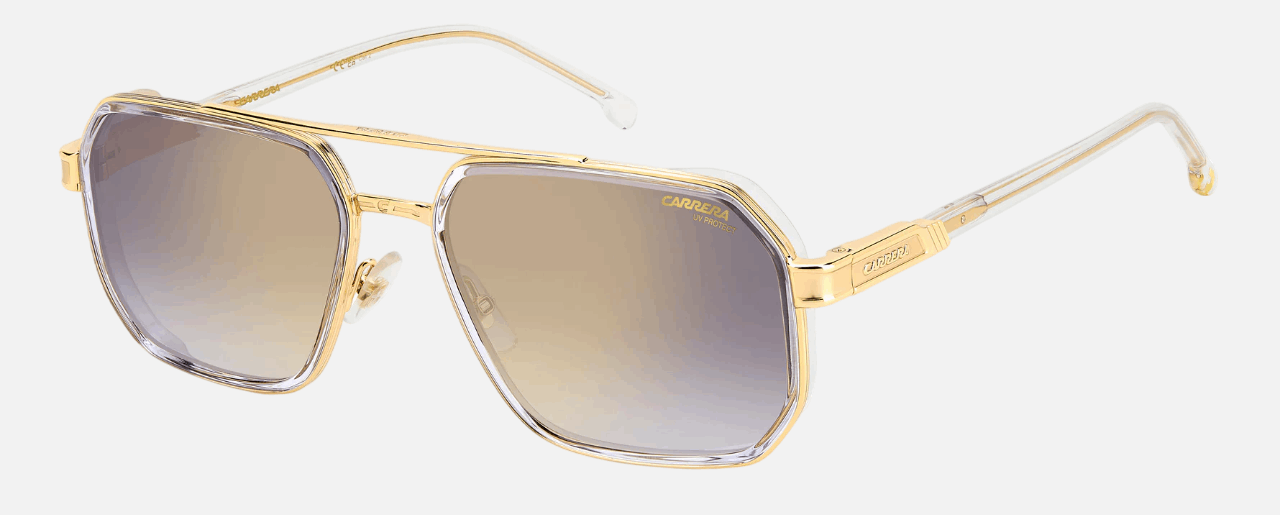 Carrera 1069/S REJ men's full rim irregular sunglasses in crystal gold frame and grey gradient gold mirror lenses, with 58 mm lens size, 19 mm bridge size, and 145 mm temple size. Available in Dubai, UAE.