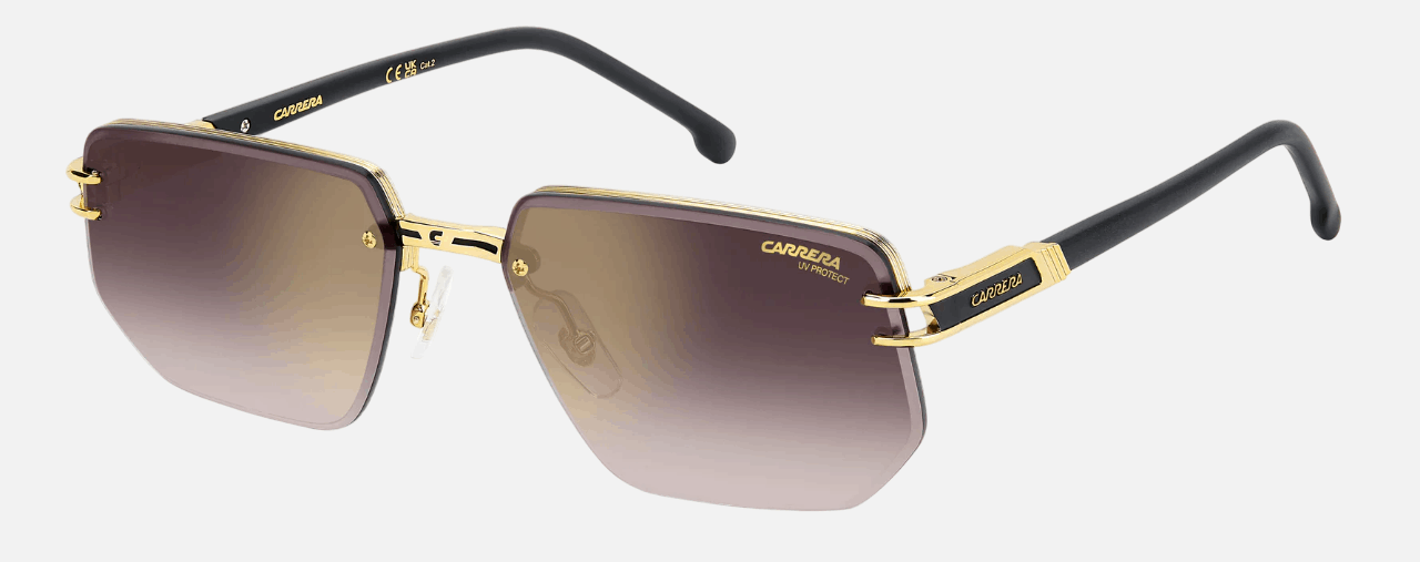 Carrera 1070/S I46 men's semi-rimless rectangle sunglasses in matte black gold frame and gold mirror on burgundy gradient lenses, with 60 mm lens size, 17 mm bridge size, and 145 mm temple size. Available in Dubai, UAE.