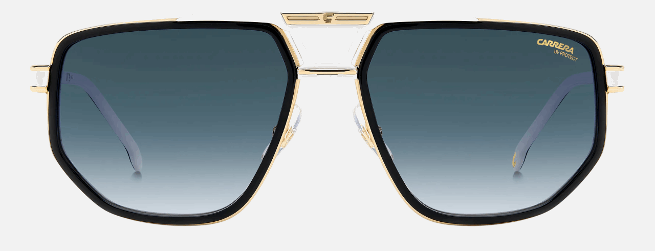 Carrera 1072/S 80S men's full rim irregular sunglasses in black white frame and dark blue gradient lenses, with 61 mm lens size, 17 mm bridge size, and 145 mm temple size. Available in Dubai, UAE.