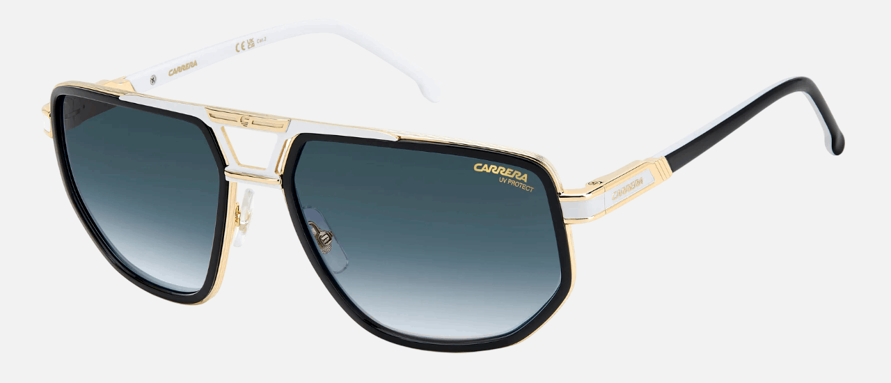Carrera 1072/S 80S men's full rim irregular sunglasses in black white frame and dark blue gradient lenses, with 61 mm lens size, 17 mm bridge size, and 145 mm temple size. Available in Dubai, UAE.