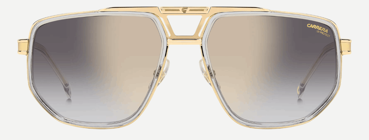 Carrera 1072/S KB7 men's full rim irregular sunglasses in grey frame and grey gradient gold mirror lenses, with 61 mm lens size, 17 mm bridge size, and 145 mm temple size. Available in Dubai, UAE.