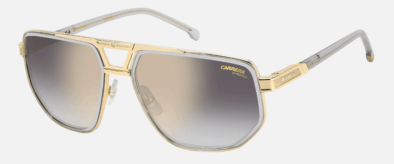 Carrera 1072/S KB7 men's full rim irregular sunglasses in grey frame and grey gradient gold mirror lenses, with 61 mm lens size, 17 mm bridge size, and 145 mm temple size. Available in Dubai, UAE.
