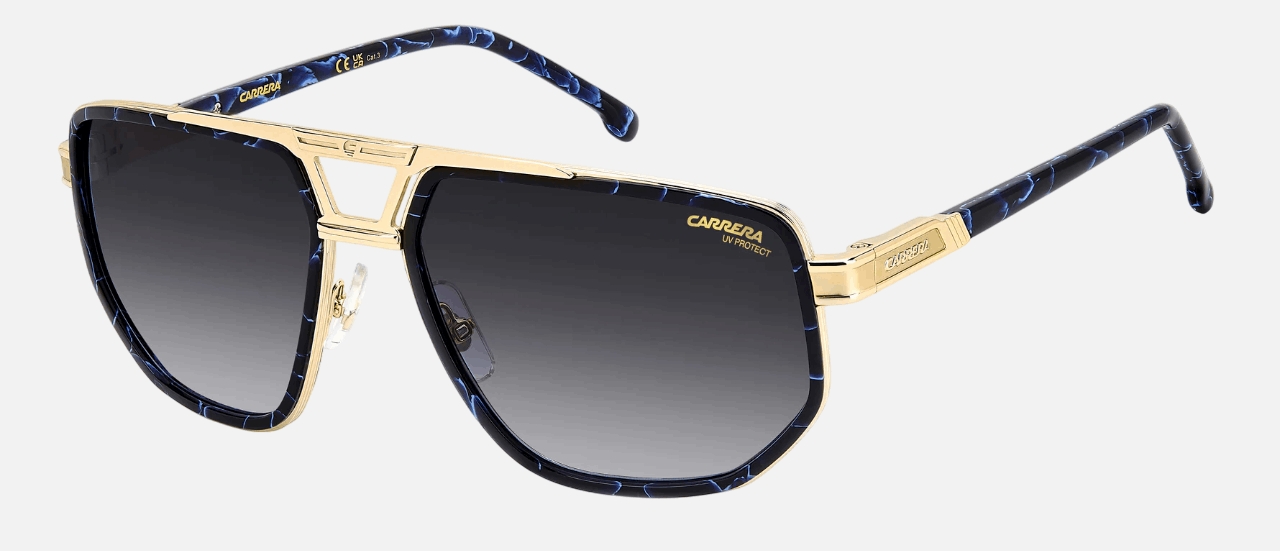 Carrera 1072/S KY2 men's full rim irregular sunglasses in blue gold frame and dark grey gradient lenses, with 61 mm lens size, 17 mm bridge size, and 145 mm temple size. Available in Dubai, UAE.