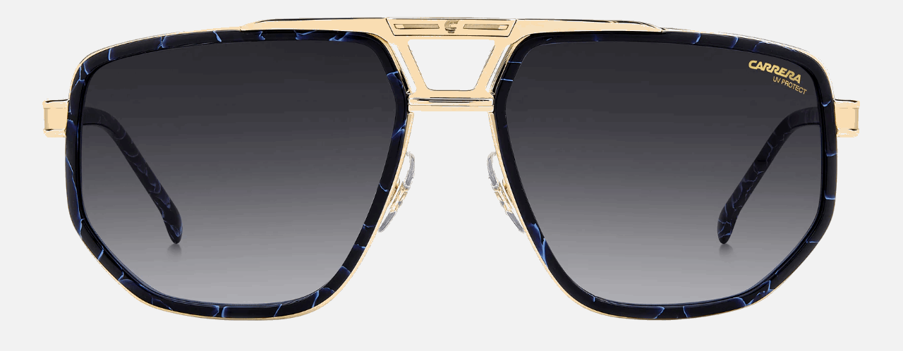 Carrera 1072/S KY2 men's full rim irregular sunglasses in blue gold frame and dark grey gradient lenses, with 61 mm lens size, 17 mm bridge size, and 145 mm temple size. Available in Dubai, UAE.