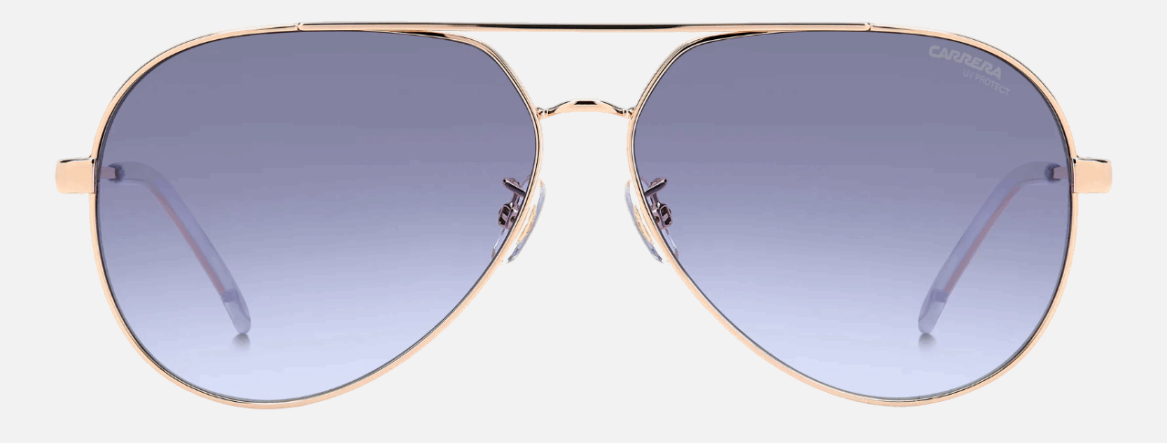 Carrera 3005/S LKS women's full rim pilot sunglasses in gold blue frame and grey azure lenses, with 63 mm lens size, 13 mm bridge size, and 140 mm temple size. Available in Dubai, UAE.