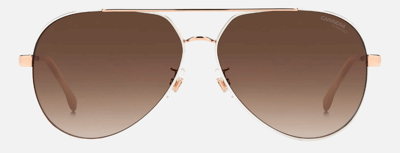 Carrera 3005/S R1A women's full rim pilot sunglasses in white copper gold frame and brown gradient lenses, with 63 mm lens size, 13 mm bridge size, and 140 mm temple size. Available in Dubai, UAE.