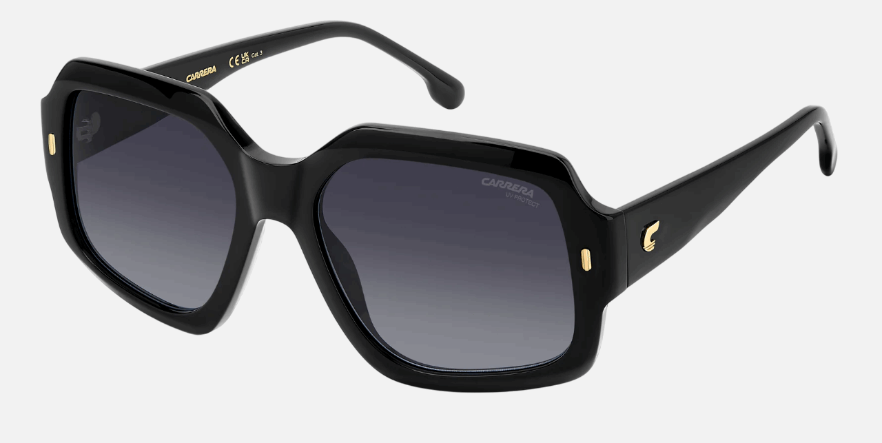 Carrera 3045/S 807 women's full rim square sunglasses in black frame and grey gradient lenses, with 56 mm lens size, 18 mm bridge size, and 140 mm temple size. Available in Dubai, UAE.