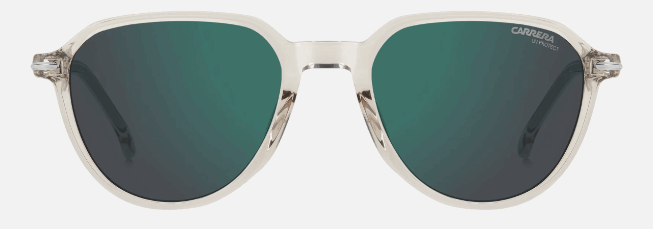 Carrera 342/S R1T men's full rim phantos sunglasses in beige ruthenium frame and green mirror lenses, with 53 mm lens size, 19 mm bridge size, and 145 mm temple size. Available in Dubai, UAE.