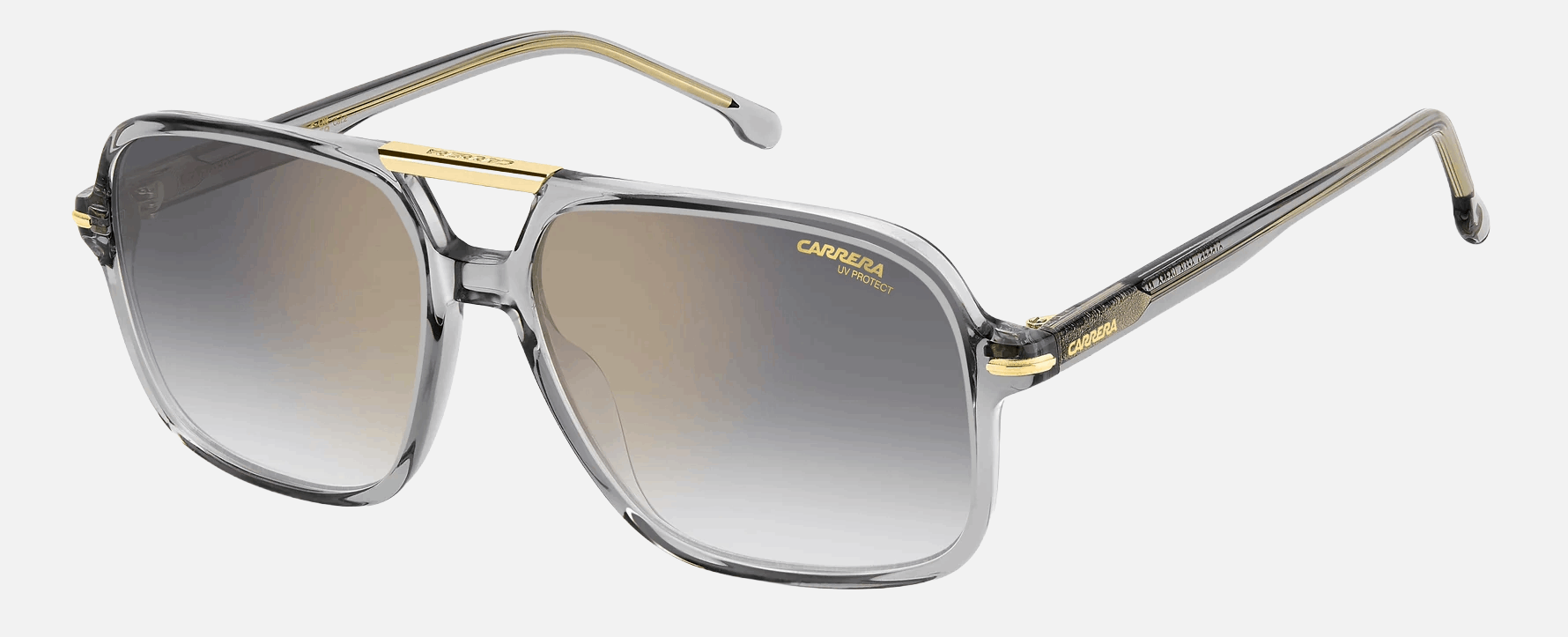 Carrera 350/S KB7 men's full rim rectangle sunglasses in grey frame and grey gradient gold mirror lenses, with 58 mm lens size, 16 mm bridge size, and 145 mm temple size. Available in Dubai, UAE.