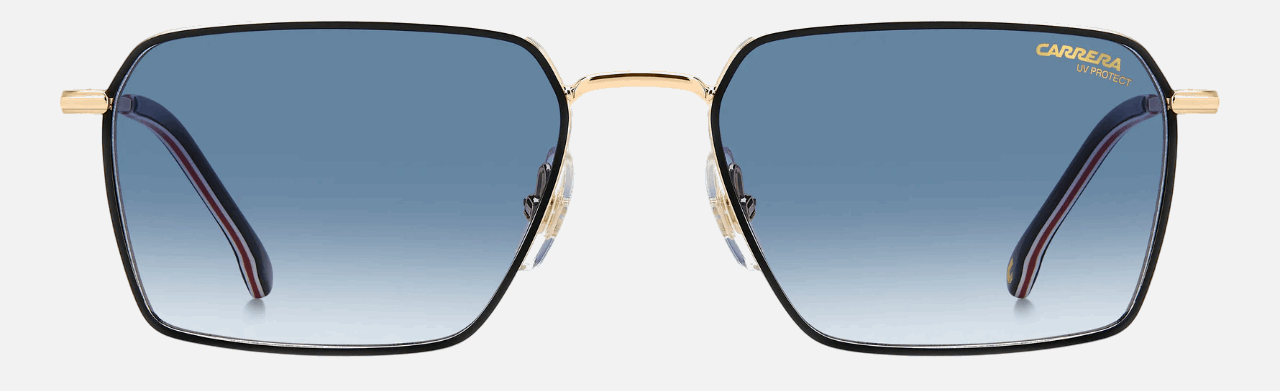 Carrera 356/S RHL men's full rim rectangle sunglasses in gold frame and solid azure blue photochromic lenses, with 56 mm lens size, 18 mm bridge size, and 145 mm temple size. Available in Dubai, UAE.